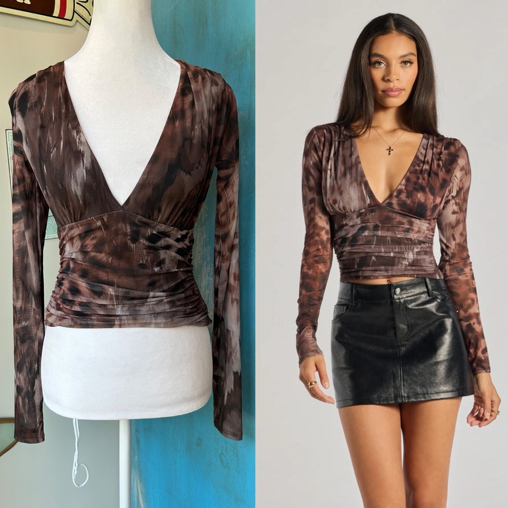 Windsor Animal Print Mesh Long Sleeve Plunge V-Neck Open Back Top Going Out Top